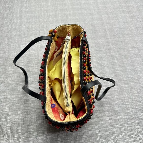 Boho Cole Haan Woven Straw Tote Purse Wooden Beads Beach Vacation Artistic New - Picture 4 of 11